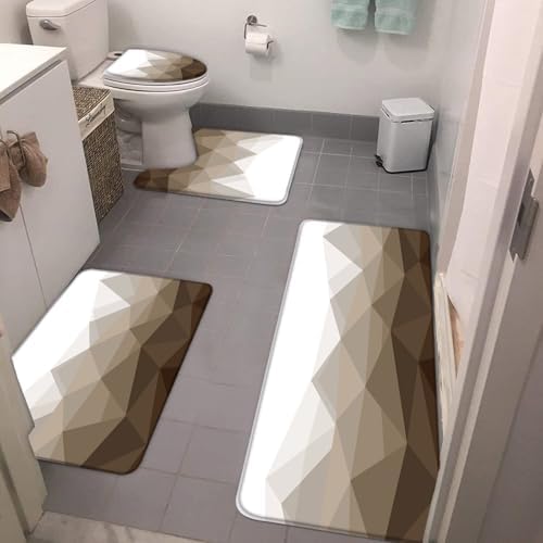 4pcs Abstract Geometric Bath Mat Set,Brown Modern Simple Aesthetic