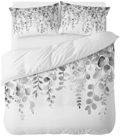 Farmhouse Gray Eucalyptus Leaves on White King Duvet Cover Set, Summer