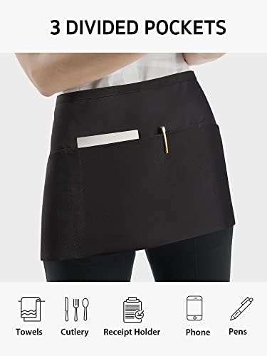 Syntus 3 Pack Cotton Server Apron with Pockets for Women, Black Waist