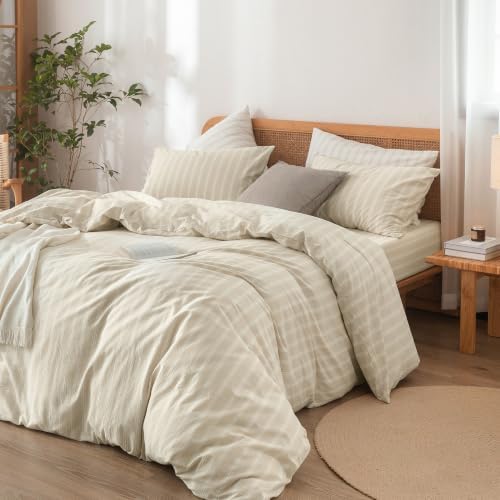 BESTOUCH Striped Cotton Duvet Cover Set Linen Feel Queen