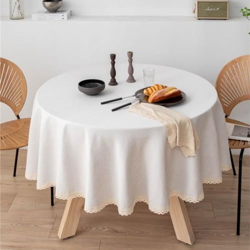 Linen Round Tablecloth with Lace Trim Waterproof Stain Resistant