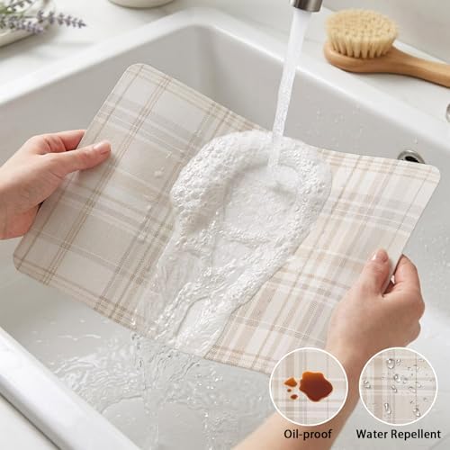 Farmhouse Tartan Beige Plaid Leather Placemats Set of 6,12x18