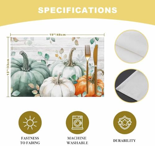 Placemats Set of 8, Country Thanksgiving Pumpkin Washable Table Mats