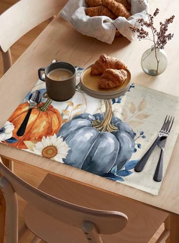 Placemats Set of 8, Fall Beige Pumpkin Woven Placemat, Linen Place