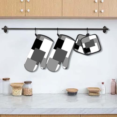 MCALK 5 Pcs Geometric Gray Oven Mitts and Pot Holders Sets, Grey Oven