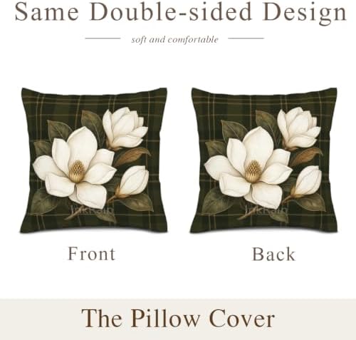 InkRain Magnolia Pillow Cover Dark Green Plaid White Bud Branch 22x22