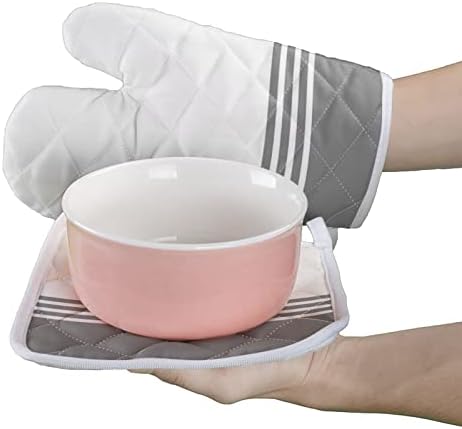 Quilted Cotton Terry Cloth Oven Mitt, Pot Holder Grey White Stripes