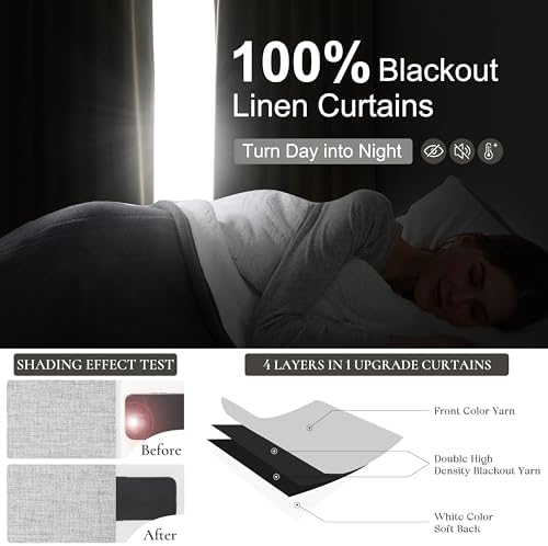 Grey Linen Room Darkening Curtains 96 Inches Long 2 Panels Set for
