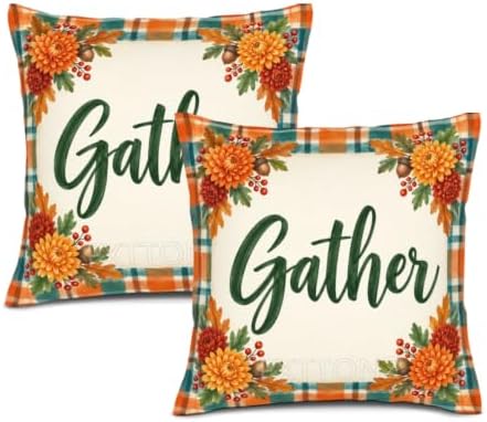 Leaves Plaid Decor Pillow Covers 22x22 Inch Set of 2 Linen for Fall