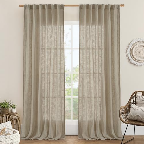 LAMIT Sheer Linen Curtains 96 inches Long 2 Panels Set for Living Room