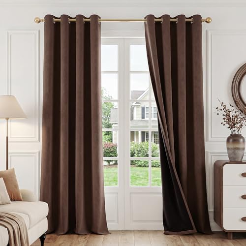 FMFUNCTEX 100% Blackout Coffee Brown Curtains 96 Inch for Bedroom, 2