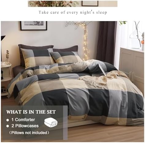 VM VOUGEMARKET Full Comforter Set,3 Pieces Black Gray Plaid Bedding