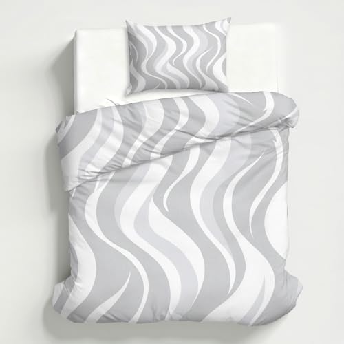 Abstract Geometry Duvet Cover Queen, White Grey Wave Line Bedding Set
