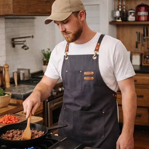 Chef Aprons for Men Canvas Apron with Large Pockets and Adjustable