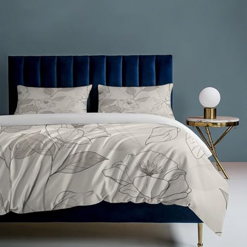 Retro Floral Plant Duvet Cover Set, 3 Piece Microfiber Bedding Set