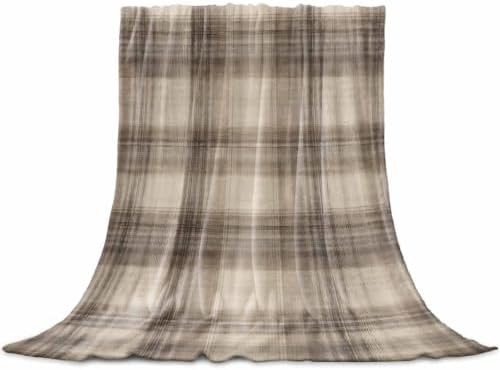 Taupe Oatmeal Plaid Throw Blanket for Couch, Traditional Striped Lines