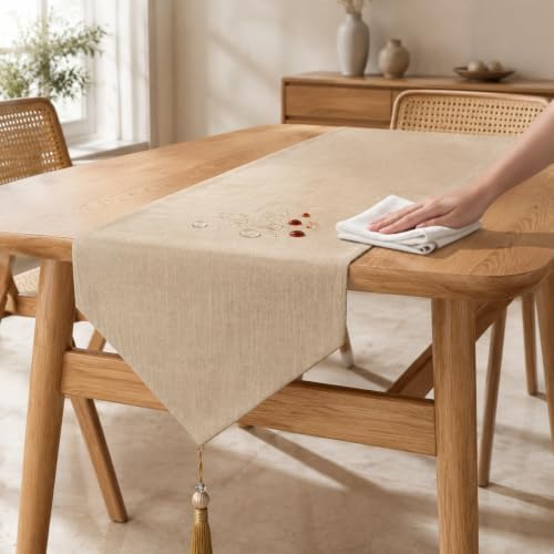 Beige Faux Linen Table Runner Waterproof Elegant Modern Table Decor