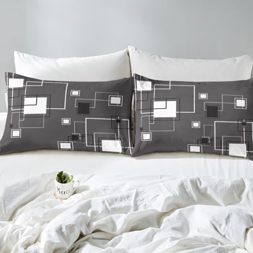 Square Geometric Duvet Cover Queen Size,Gray White Grid Comforter