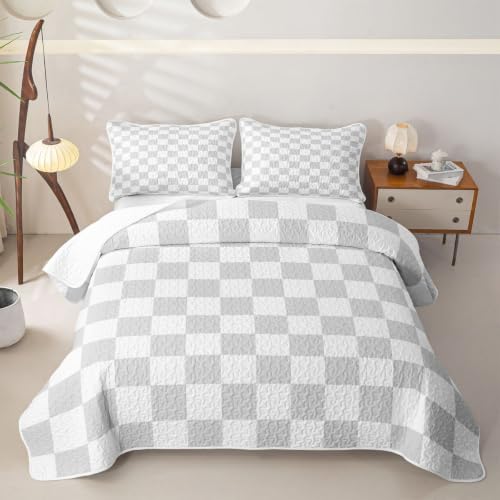 Manfei Neutral Checkerboard Quilt Set Queen Size,Simple Block Quilted