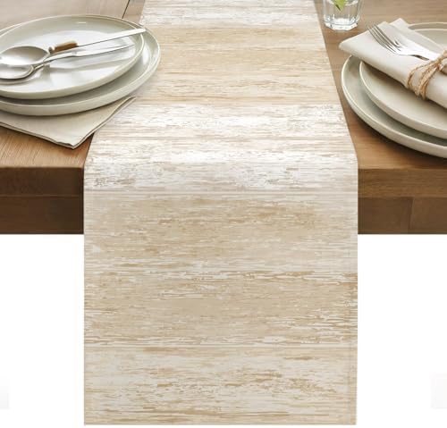 Beige Planks Table Runner, Farmhouse Vertical Wood Grain Washable