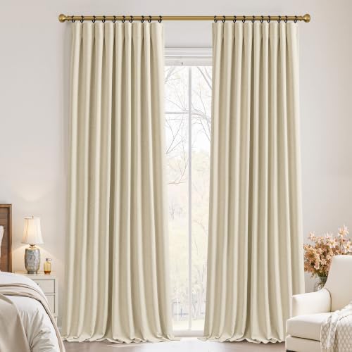 Room Darkening Cream Chenille Pleated Curtains 120 Inch Length for
