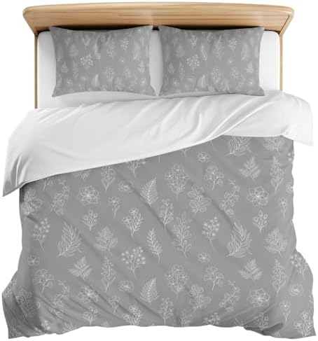 3 Pieces Bedding Set King Size, Grey Botanical Soft Duvet Covers Set