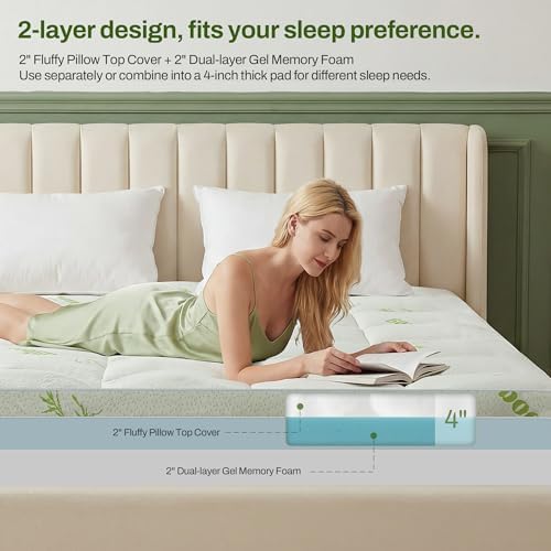 GRUSIGN Queen Memory Foam Mattress Topper, 4 Inch Dual Layer Gel Foam