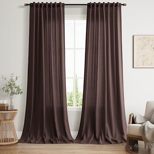 Linen Curtains Semi Sheer Coffee Brown 96 Inches Long 2 Panels Set for