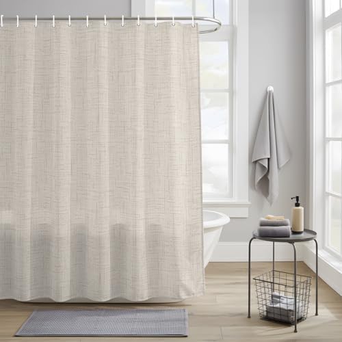 Creamy Solid Shower Curtain with 12 Hooks, Minimalist Tan Linen