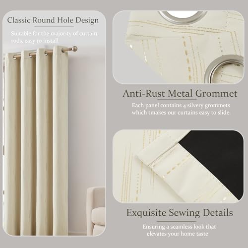 Beige Blackout Curtains 63 inch Length for Living Room,Gold Foil