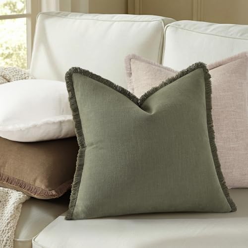 decorUhome Linen Fringe Olive Green Throw Pillow Covers 22x22 Set of 2