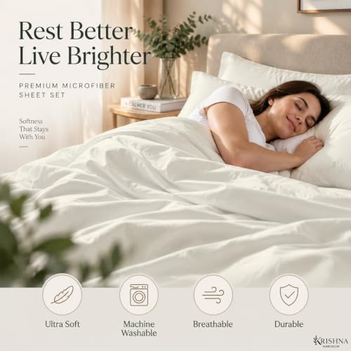 Full 4 Piece Bed Sheet Set - 15" Deep Pocket, Soft Lightweight Ivory