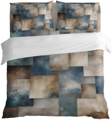 Blue Brown Geometric Duvet Cover Twin Size Bedding Set 4 Pieces, 1