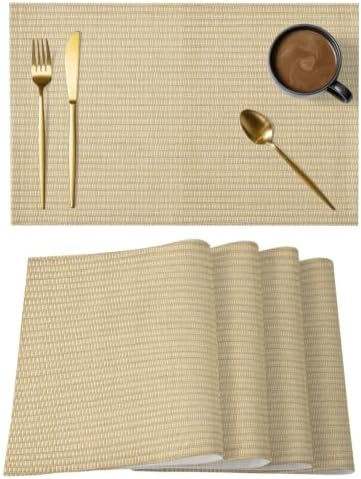 Woven Texture Placemats Set of 8, Beige Straw Weave Check Rustic