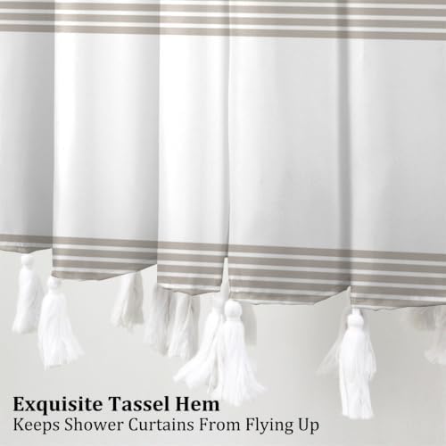 AOFOTO ‌Taupe and White Boho Tassel Shower Curtains, Striped Shower