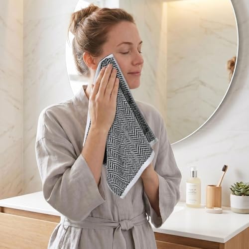 Cleanbear 8 Piece Black and White Herringbone Towel Set, 100% Cotton