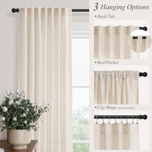 Hokibero Cream Linen Curtains 120 Inches Long for Living Room 2 Panels