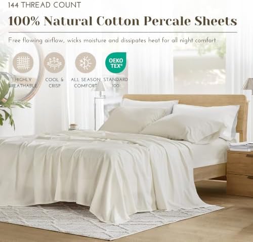 Comfort Spaces 100% Cotton Percale Sheets Twin Sheet Set 3 Pcs, Ivory