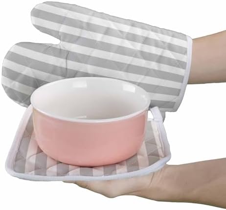 Oven Mitts and Pot Holder Set for Kitchen, Grey White Stripe 12 Inch