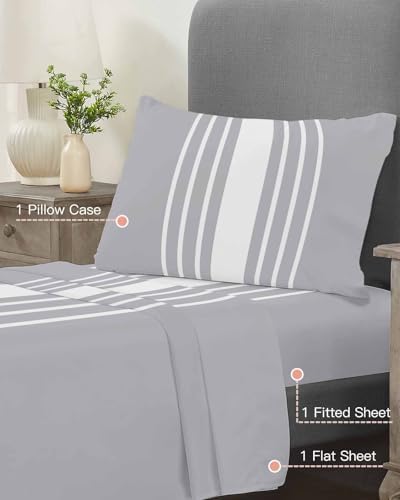 3 Piece Twin XL Sheet Set Light Grey Striped Sheets Set for Twin XL