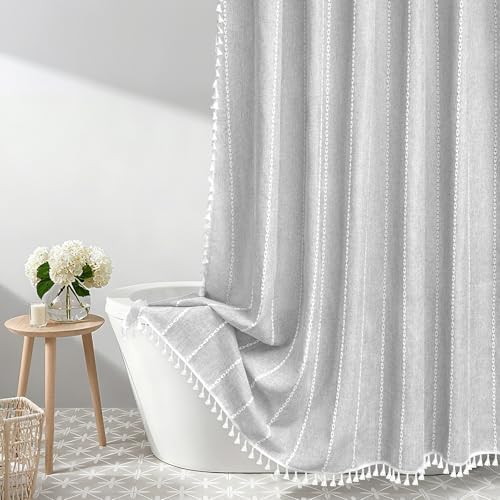 Seenus Boho Chic Shower Curtain Heavyweight with Tassels, Grey Linen