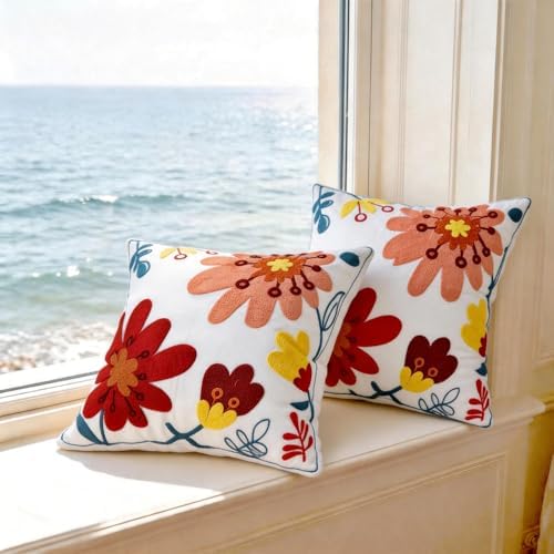 Decorative Throw Pillow Cover with Embroidered Floral Design, White
