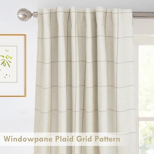DriftAway 100% Blackout Plaid Linen Curtains 108 Inches Long 2 Panels