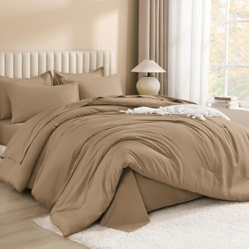 Litanika Taupe King Comforter Set with Sheets - 7 Pieces Solid Bed in