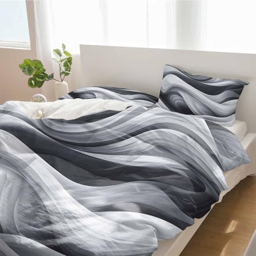 Duvet Cover Set Queen, Abstract Gradient Gray White Water Ripple