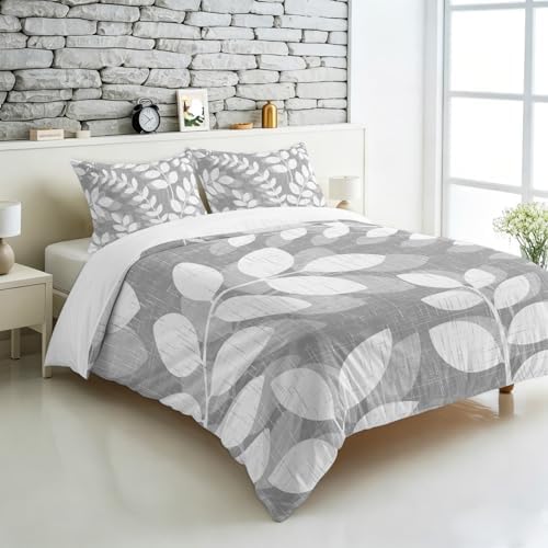 3 Pieces Bedding Set King Size, Gray Leaves Soft Duvet Covers Set with