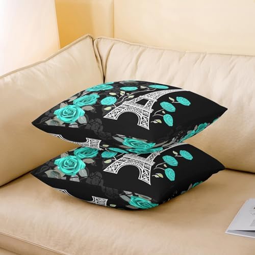 jejeloiu Eiffel Tower Throw Pillow Covers 22"x22" Set of 2 Paris Teal