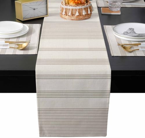 Beige Stripes Table Mats Set of 6 with Table Runner 90 Inches