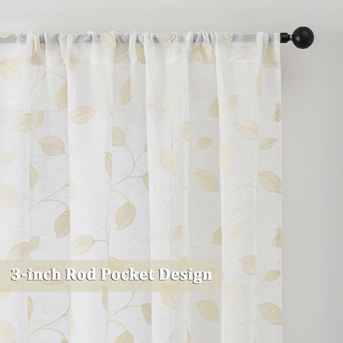OVZME Natural Sheer Curtains 63 Inch Length 2 Panels Set, Leaf