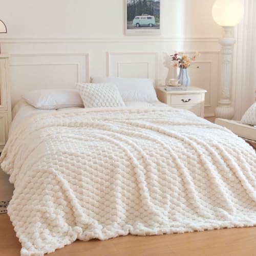 XeGe Luxury Bubble Fluffy Faux Rabbit Fur Bed Blanket King Size, Beige